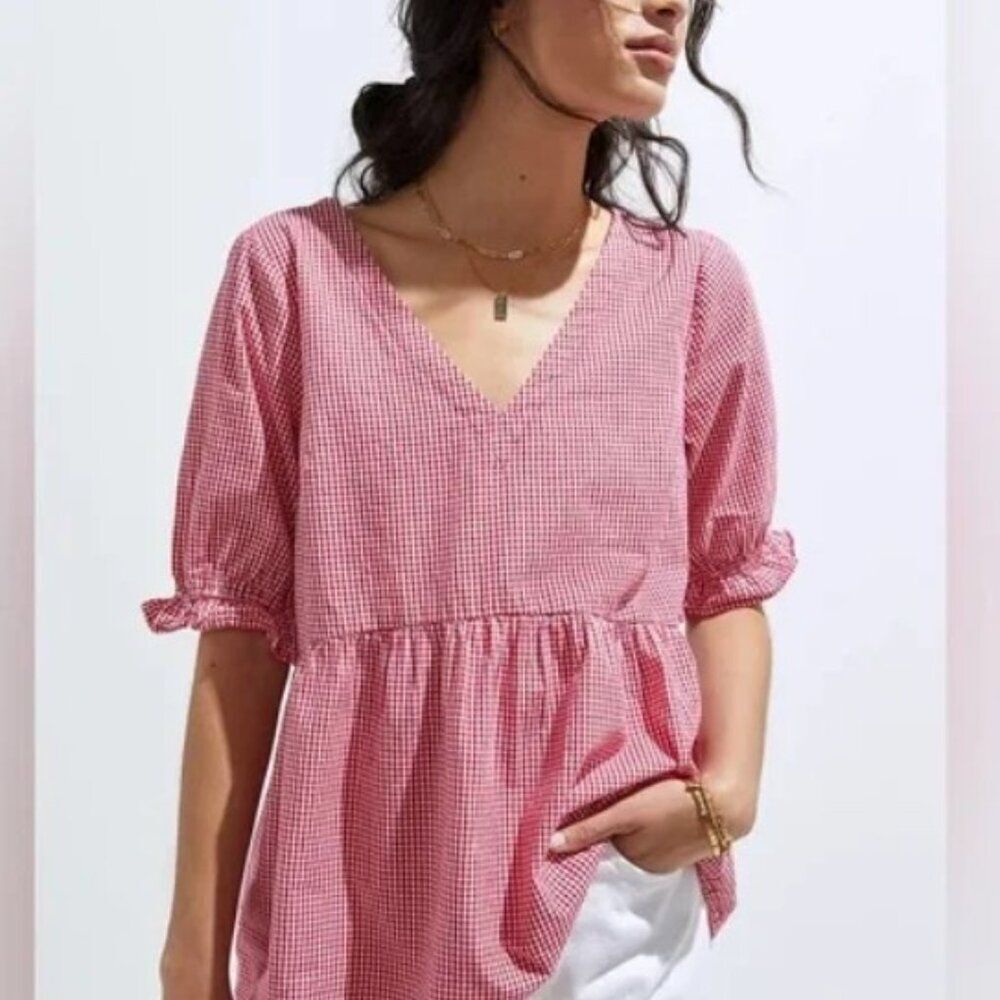 Maeve Anthropologie Gingham Tunic Peplum Blouse Red White Tunic Medium